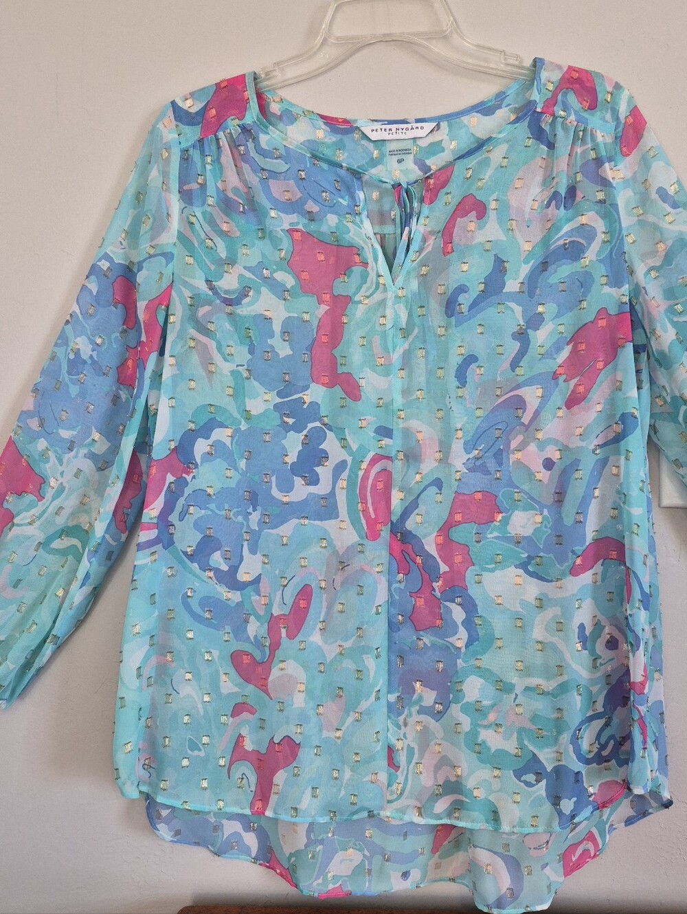 Peter Nygard Aqua Multicolor Abstract Tie-Neck Blouse